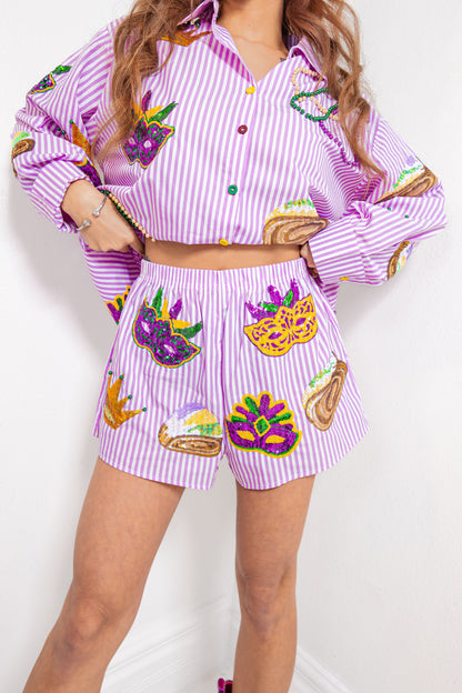 Queen of Sparkles Purple & White Striped Cotton Mardi Gras Icon Shorts