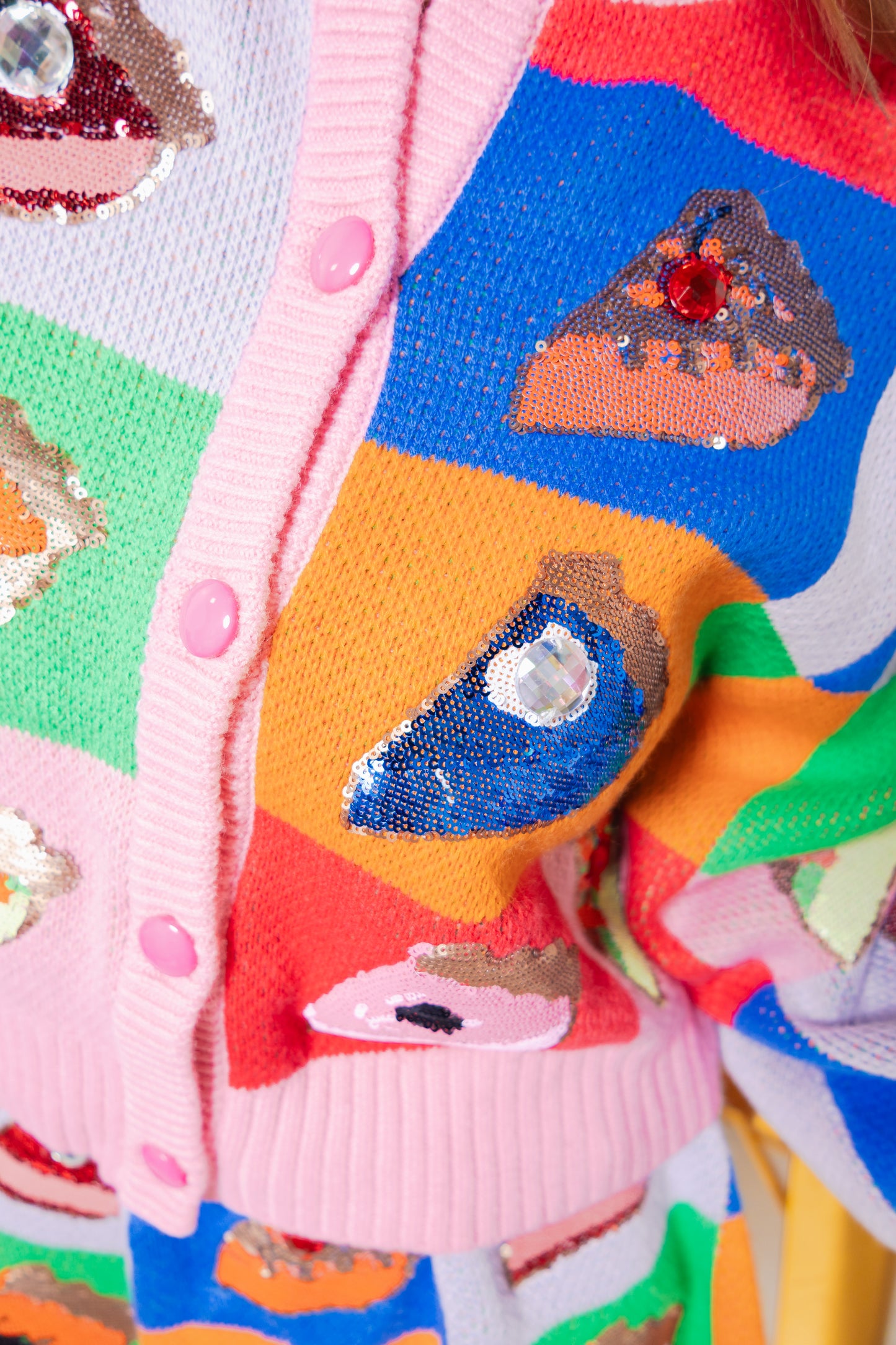 Queen of Sparkles Rainbow Colorblock Piece of Pie Button Up Sweater