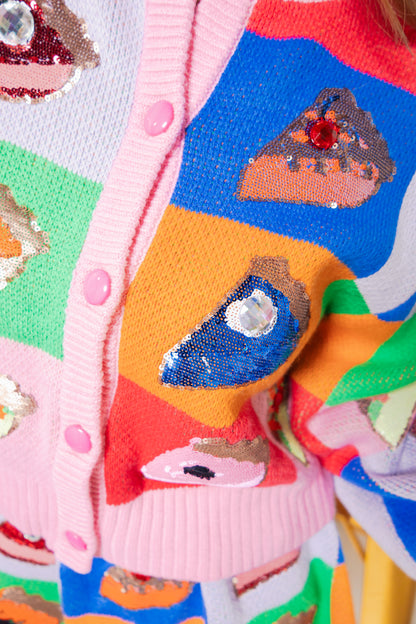 Queen of Sparkles Rainbow Colorblock Piece of Pie Button Up Sweater