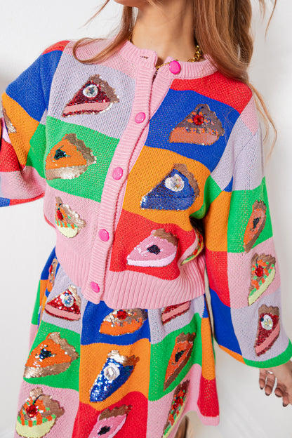 Queen of Sparkles Rainbow Colorblock Piece of Pie Button Up Sweater