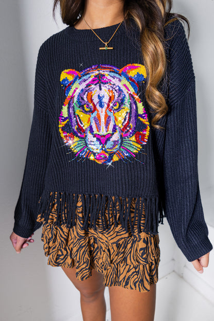 Queen of Sparkles Rainbow Tiger Head Fringe Sweater