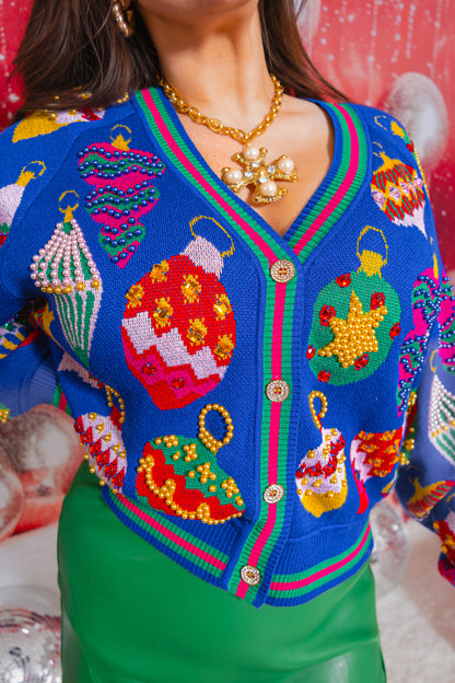 Queen of Sparkles Royal Blue Multi Jeweled Ornament Button Up Cardigan