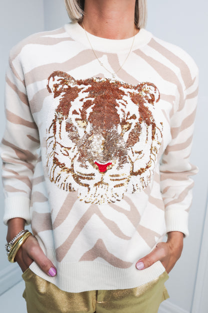 Queen of Sparkles Striped Tiger Head Sweater