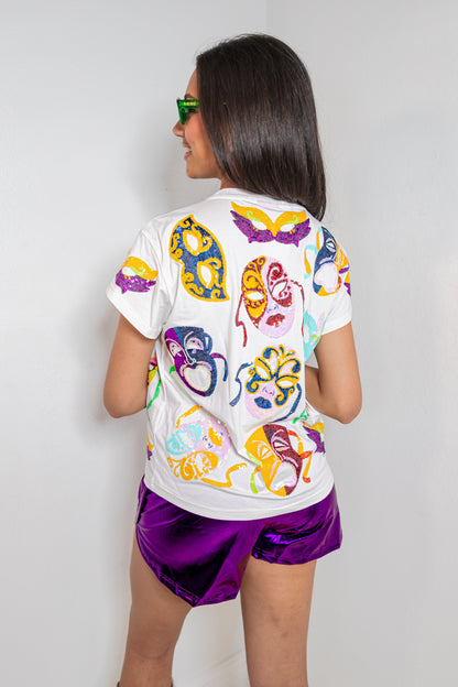 Queen of Sparkles White Multi Mardi Gras Mask Tee