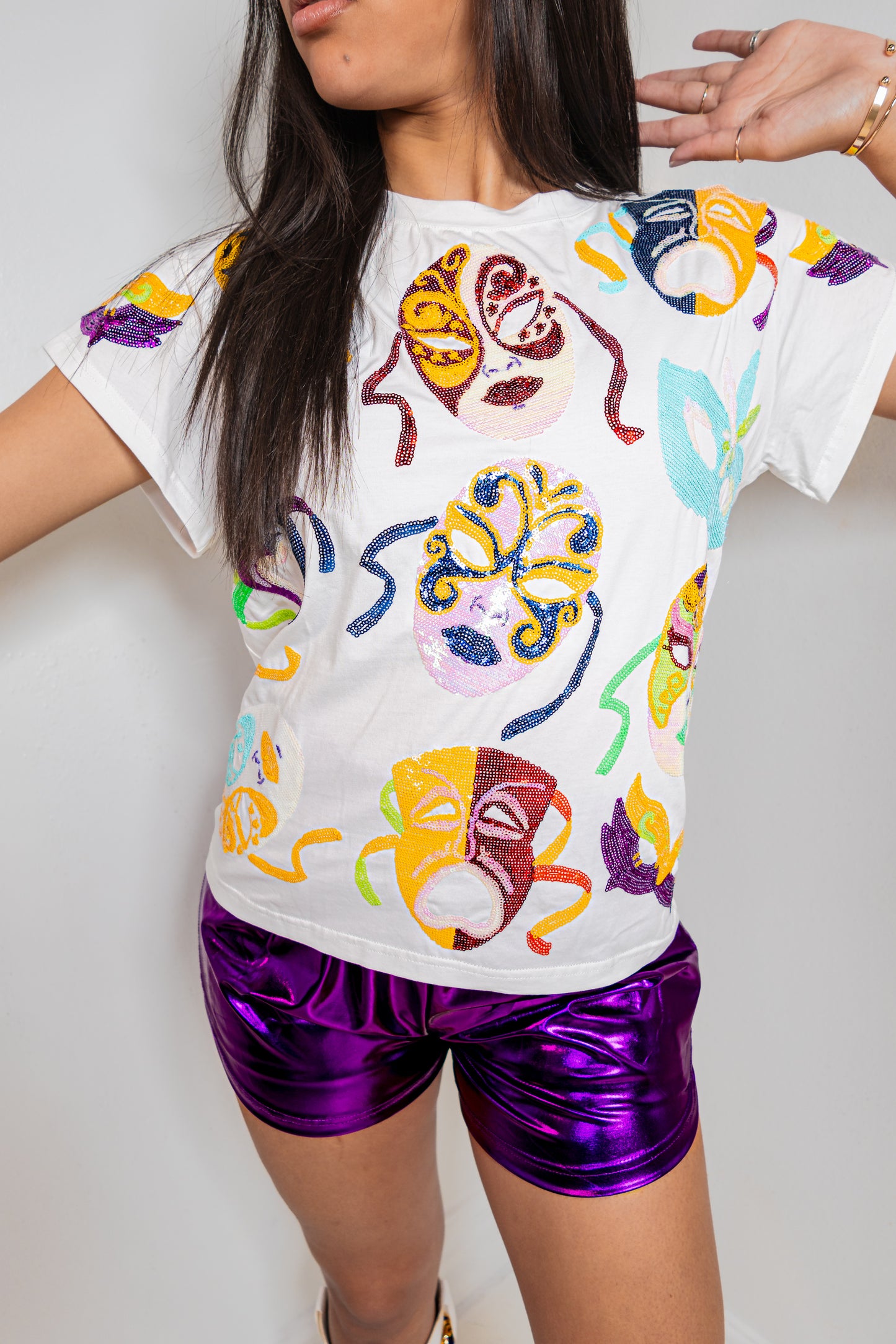 Queen of Sparkles White Multi Mardi Gras Mask Tee