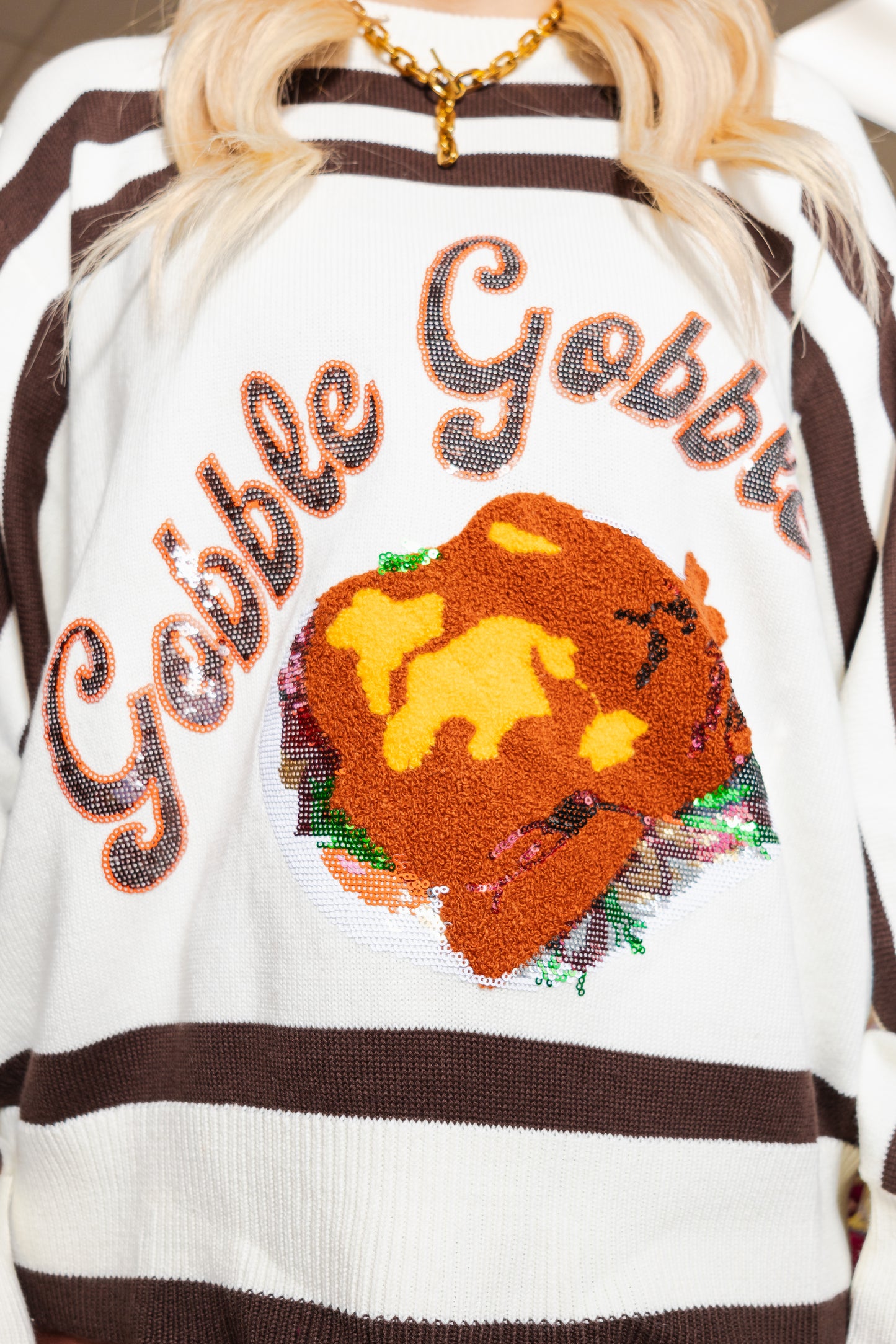 Queen of Sparkles White & Brown Stripe 'Gobble' Long Sleeve Sweater