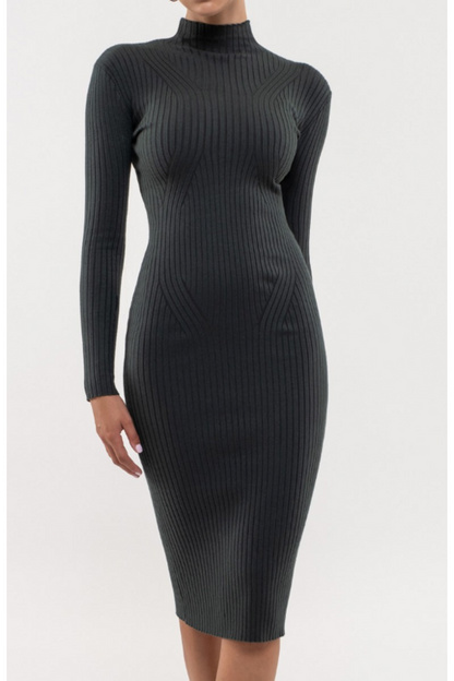 Ramie Ribbed Mock Neck Knit Midi Dress Black / Small Ramie Ribbed Mock Neck Knit Midi Dress Black / Small
