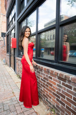 Red Corset Cowl Satin Gown-Dresses-KCoutureBoutique, women's boutique in Bossier City, Louisiana