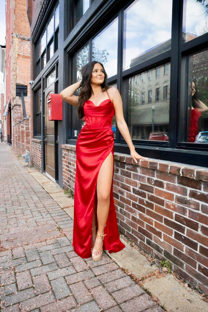 Red Corset Cowl Satin Gown-Dresses-KCoutureBoutique, women's boutique in Bossier City, Louisiana