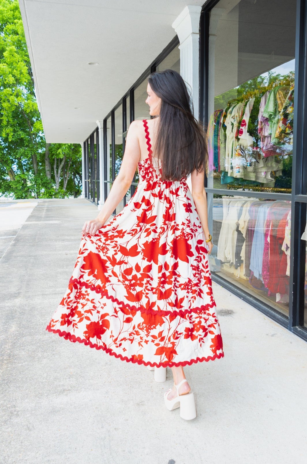 Red Floral Print Midi Dress-Dresses-KCoutureBoutique, women's boutique in Bossier City, Louisiana