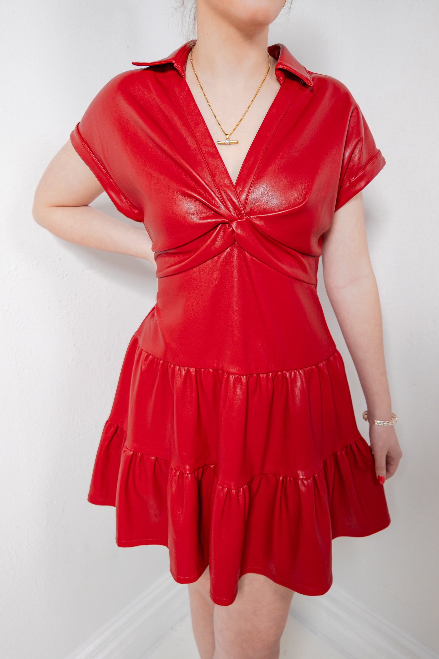 Red Alert Twisted Front Tiered Dress