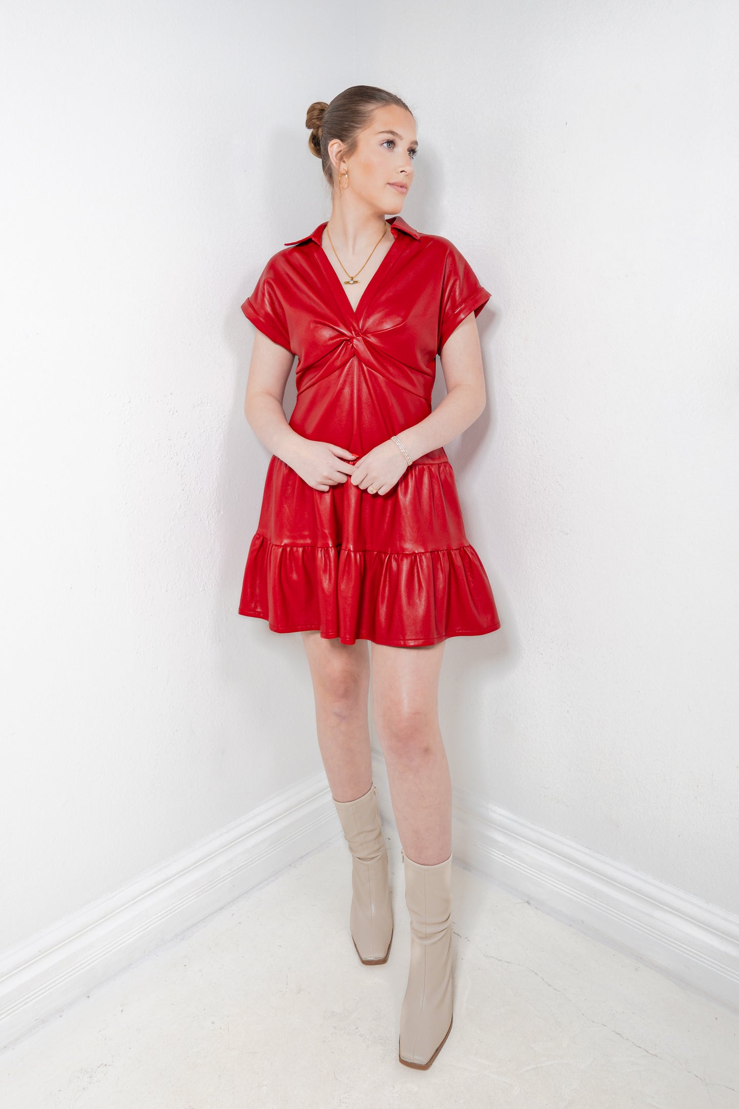 Red Alert Twisted Front Tiered Dress