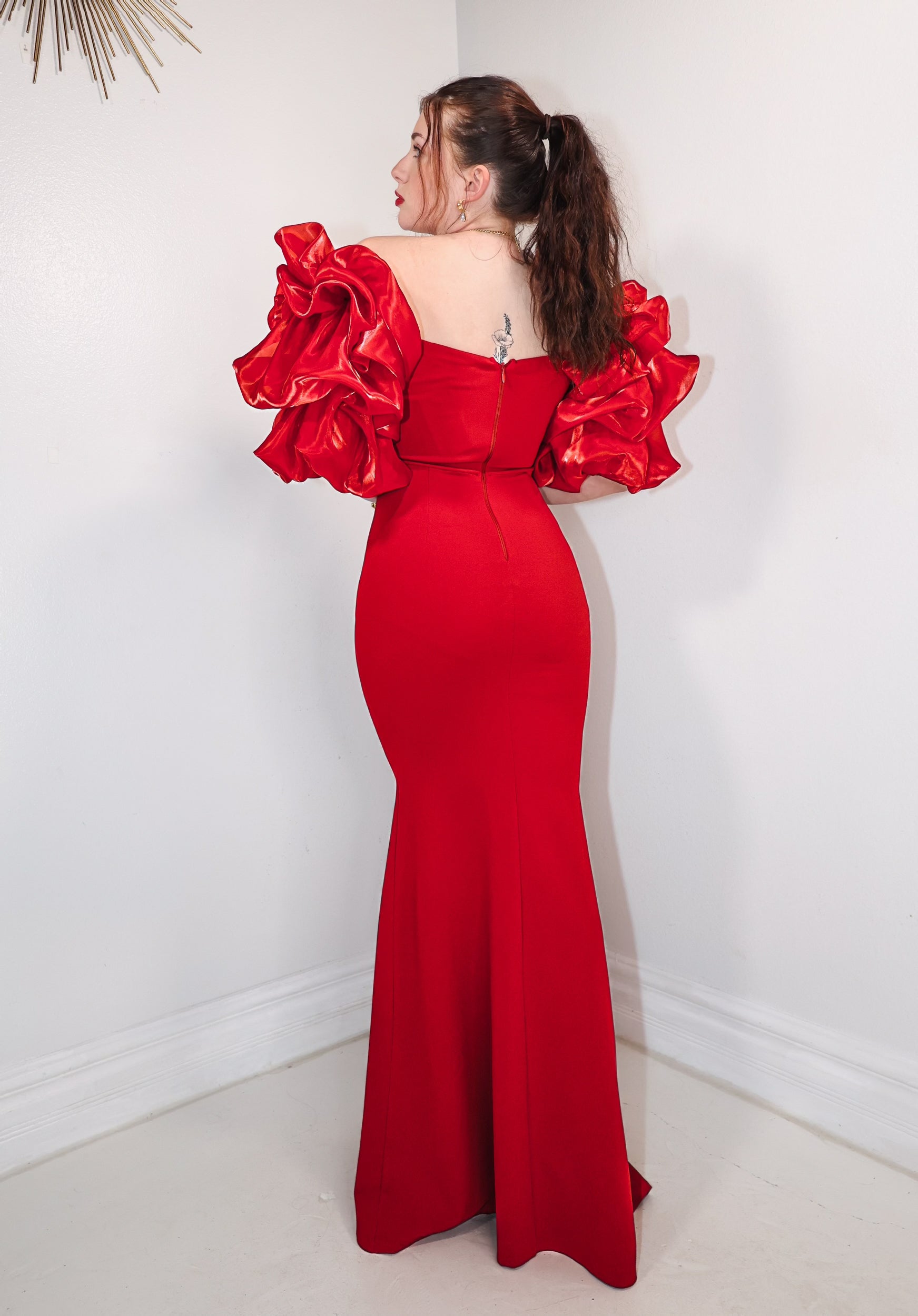 red puffy sleeve dress Vintage-inspired Ruby Red Puff Sleeve Homecoming Dress