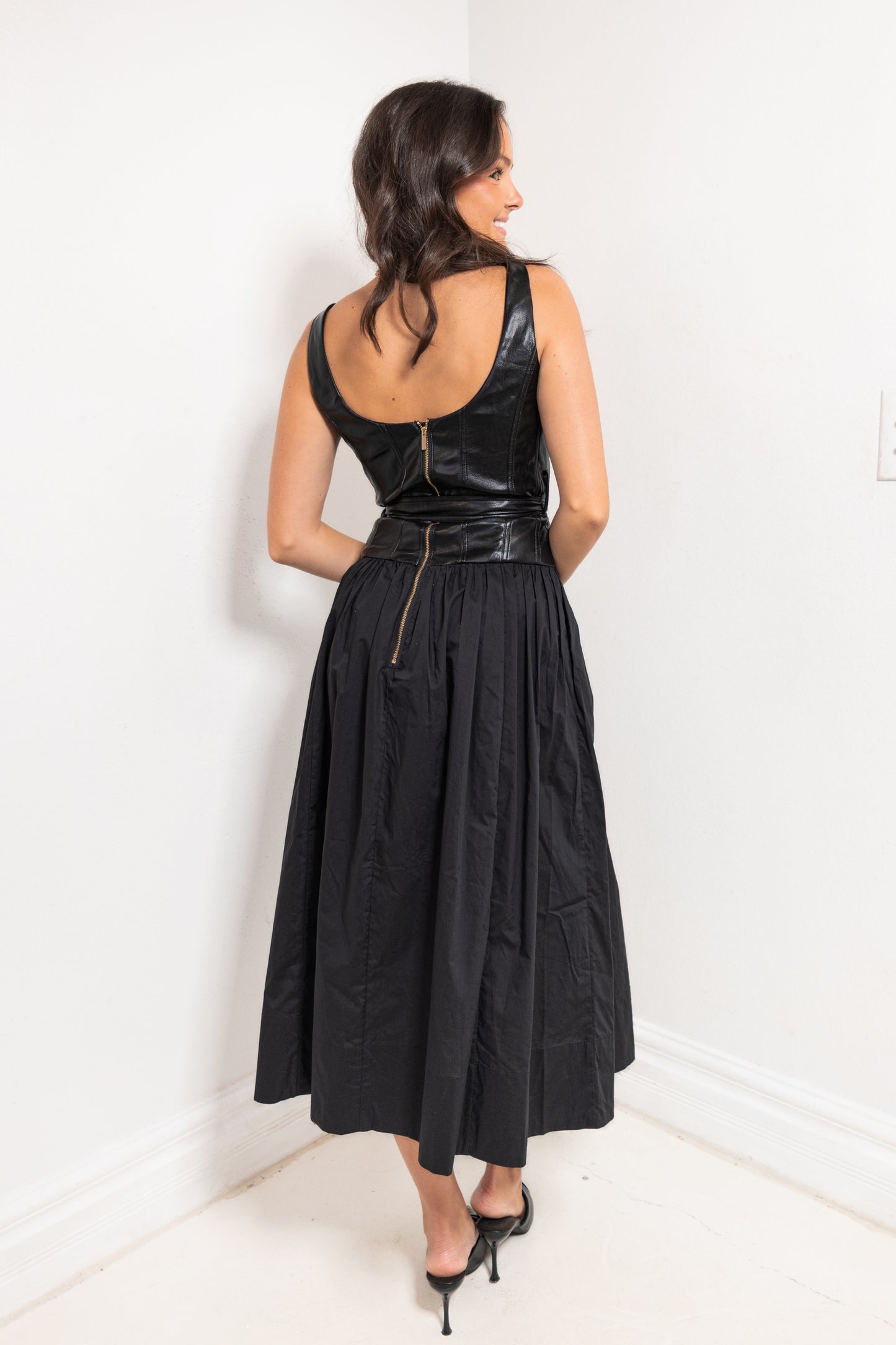 Reset Midnight Contrast Leather Midi Dress