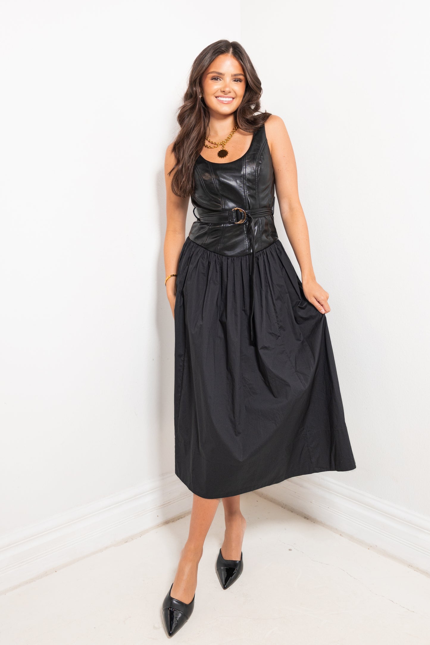 Reset Midnight Contrast Leather Midi Dress