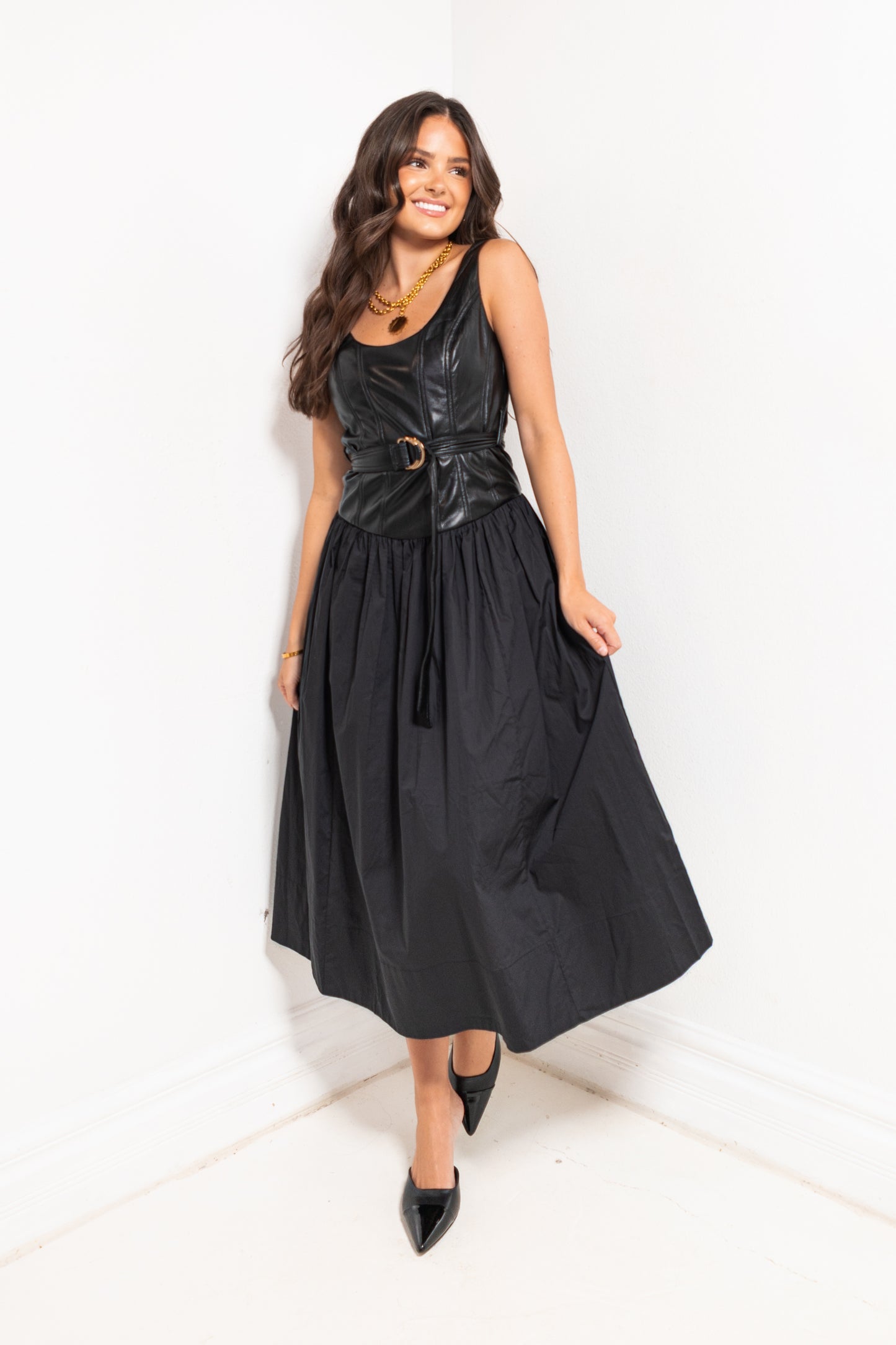 Reset Midnight Contrast Leather Midi Dress