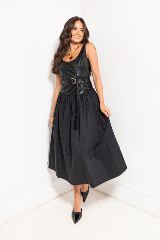 Reset Midnight Contrast Leather Midi Dress