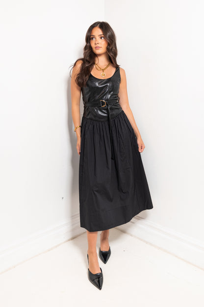 Reset Midnight Contrast Leather Midi Dress