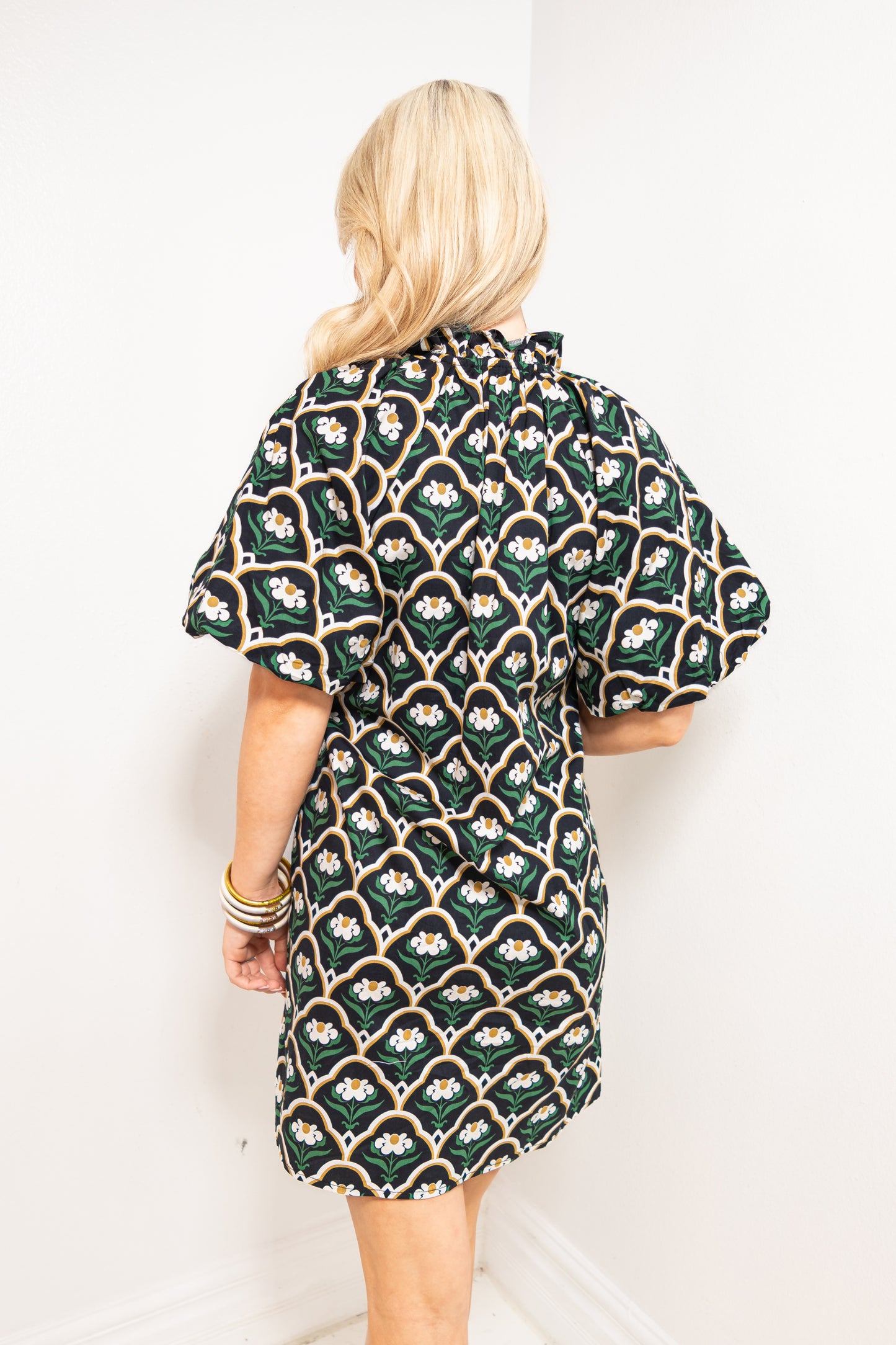 Retro Petals Puff Sleeve Mini Dress