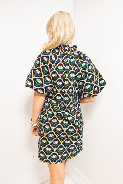 Retro Petals Puff Sleeve Mini Dress
