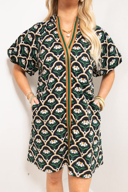 Retro Petals Puff Sleeve Mini Dress