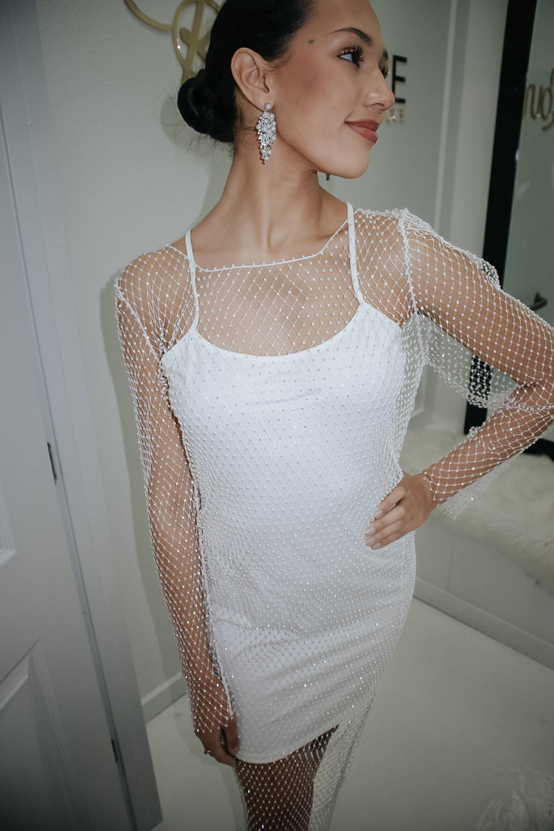 Rhinestone Net White Dress-Apparel & Accessories-KCoutureBoutique, women's boutique in Bossier City, Louisiana