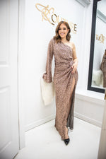 Rose Gold One Shoulder Sequin Gown-Dress-KCoutureBoutique, women's boutique in Bossier City, Louisiana