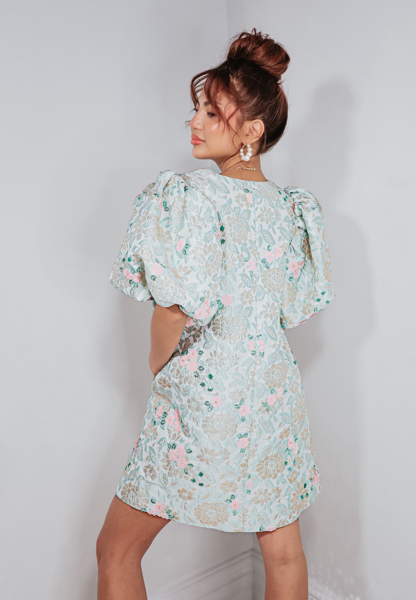 Rosewater Jacquard Bliss Puff Sleeve Dress