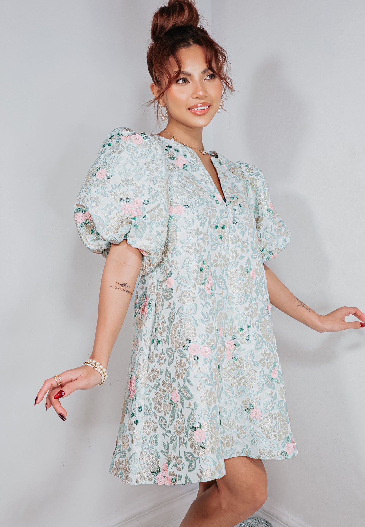 Rosewater Jacquard Bliss Puff Sleeve Dress