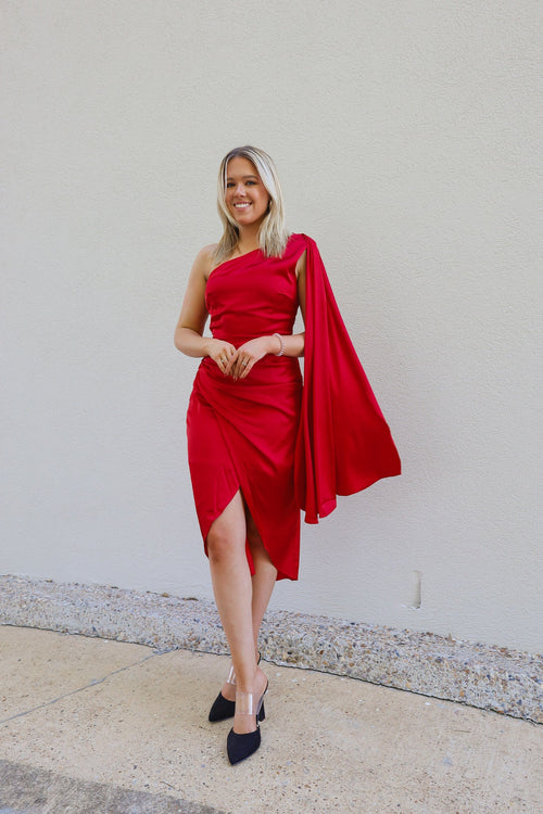 Ruby Red One Shoulder Satin Midi Dress-Dresses-KCoutureBoutique, women's boutique in Bossier City, Louisiana