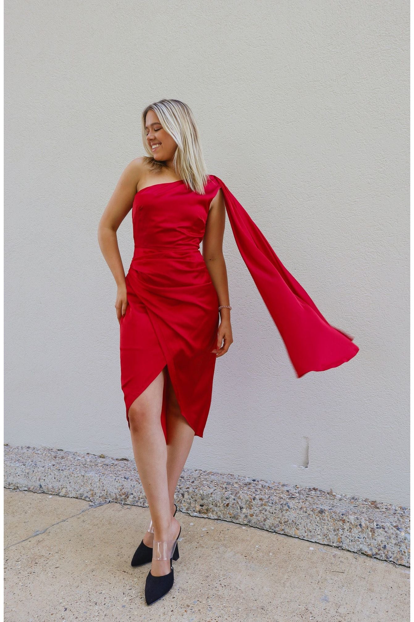 Ruby Red One Shoulder Satin Midi Dress-Dresses-KCoutureBoutique, women's boutique in Bossier City, Louisiana