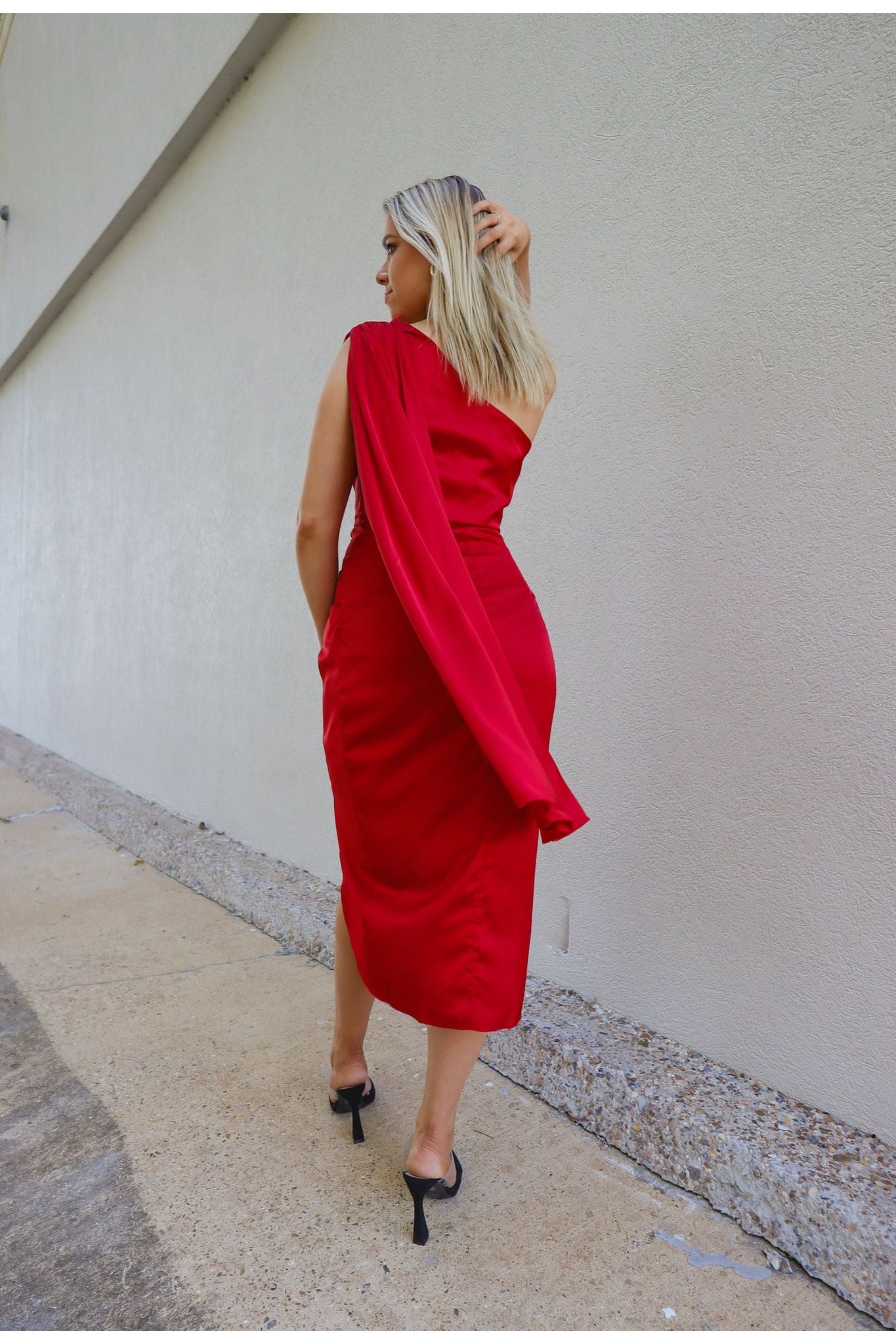 Ruby Red One Shoulder Satin Midi Dress Red / Medium