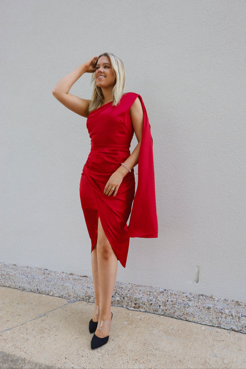 Ruby Red One Shoulder Satin Midi Dress-Dresses-KCoutureBoutique, women's boutique in Bossier City, Louisiana
