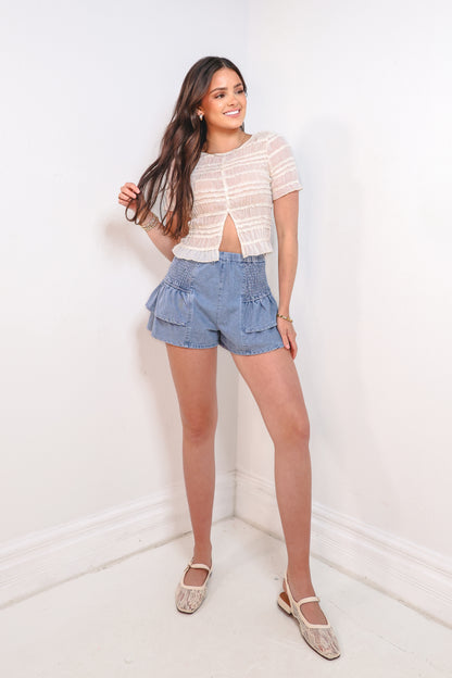 Ruffle Lane Denim Smocked Shorts