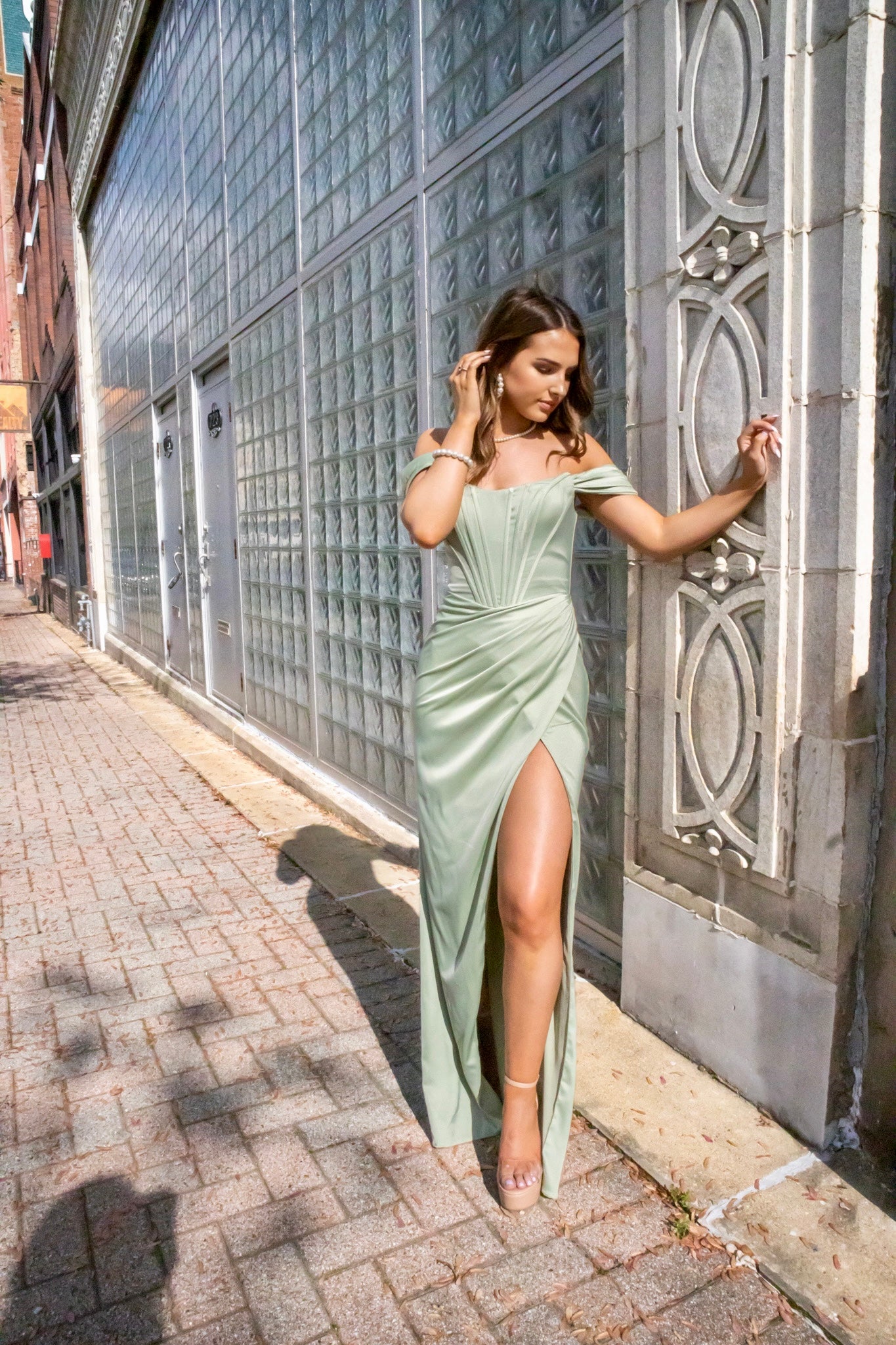 Sage Corset Soft Satin Gown-Dresses-KCoutureBoutique, women's boutique in Bossier City, Louisiana