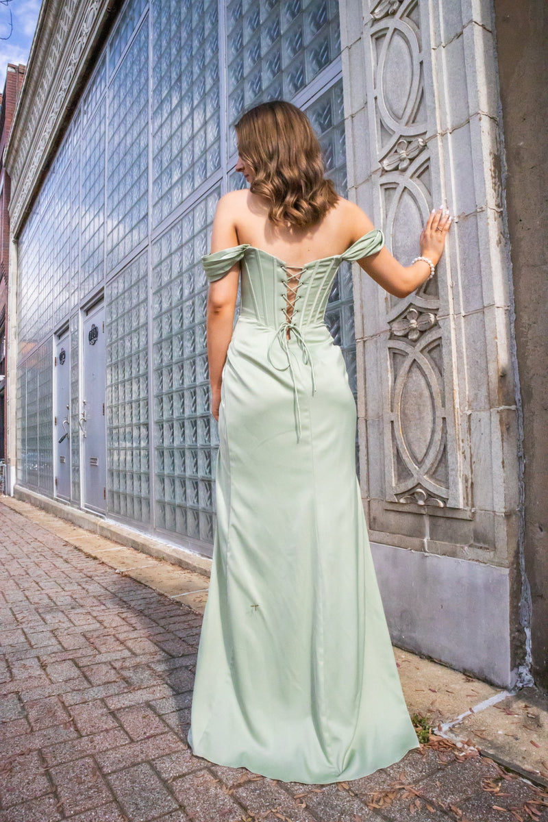 Sage Corset Soft Satin Gown-Dresses-KCoutureBoutique, women's boutique in Bossier City, Louisiana