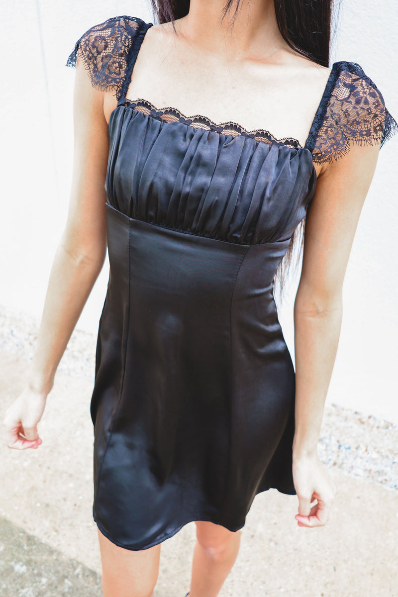 Satin Lace Detailed Sleeves Mini Dress-Dress-KCoutureBoutique, women's boutique in Bossier City, Louisiana