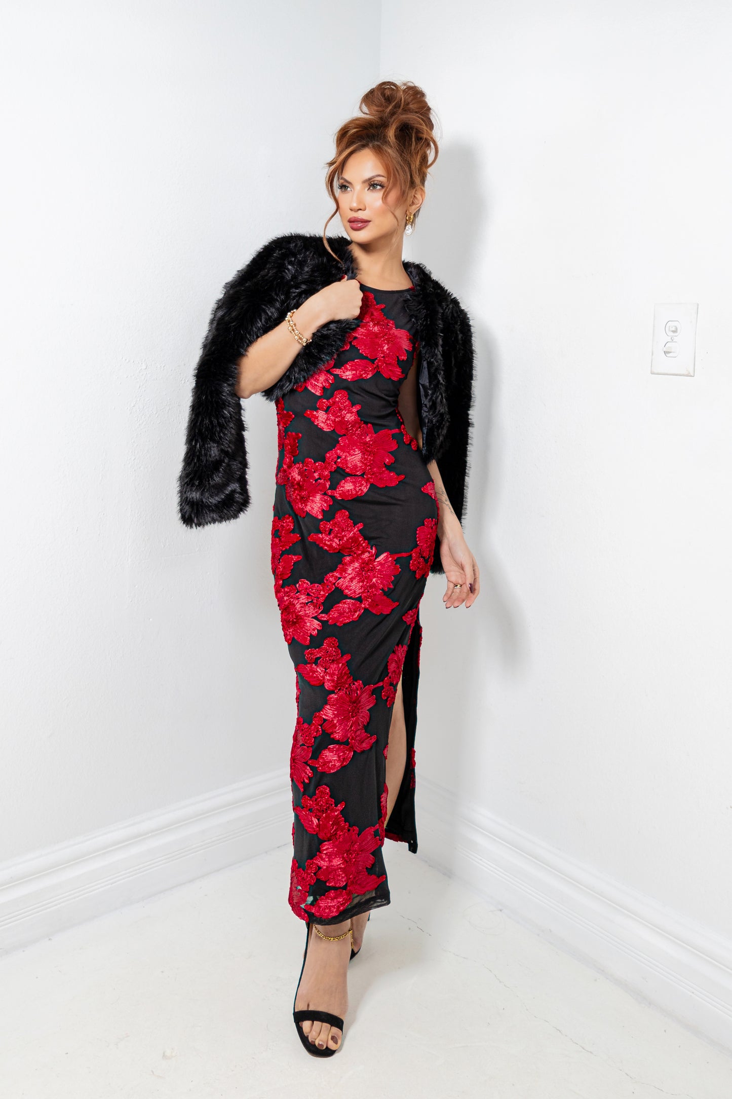 Scarlet Blooms Floral Midi Dress