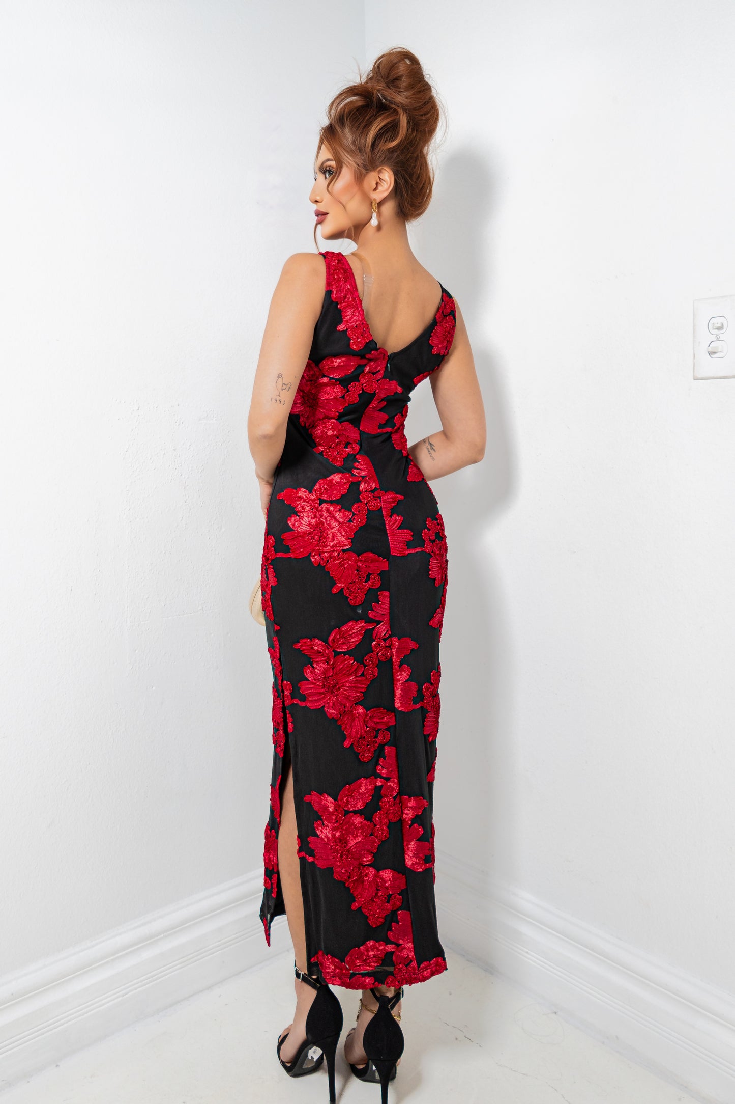 Scarlet Blooms Floral Midi Dress