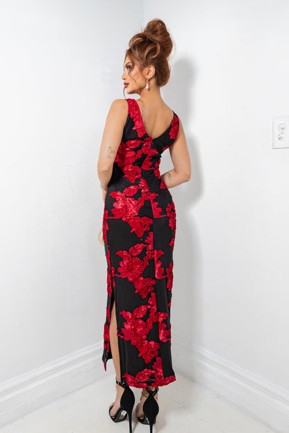 Scarlet Blooms Floral Midi Dress