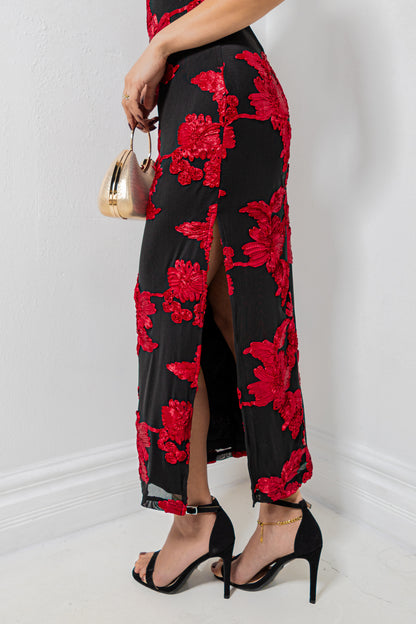 Scarlet Blooms Floral Midi Dress