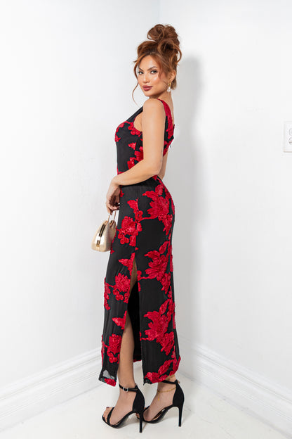 Scarlet Blooms Floral Midi Dress