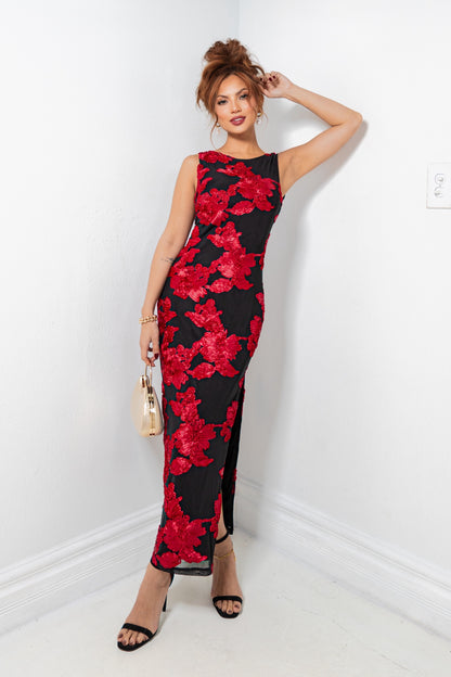 Scarlet Blooms Floral Midi Dress