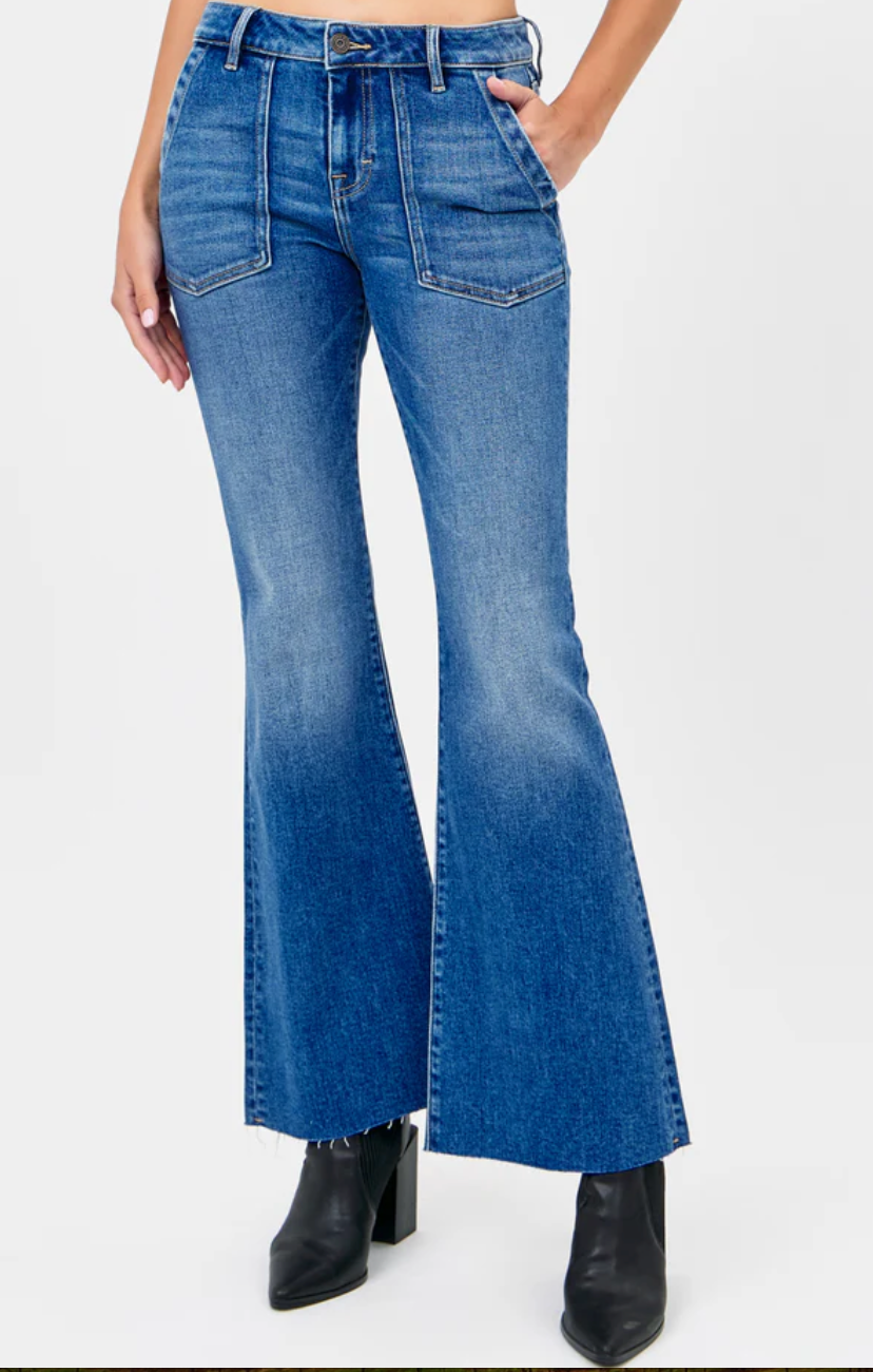 Hidden Mid Rise Utility Pocket Flare Jeans