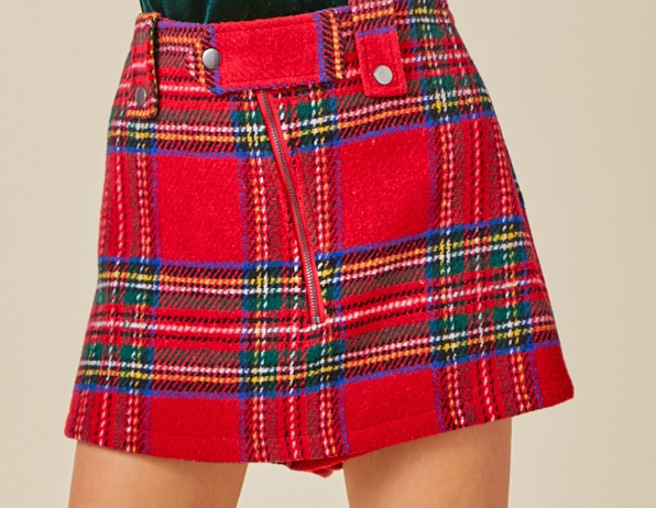 Festive Mood Zip Up Plaid Skort