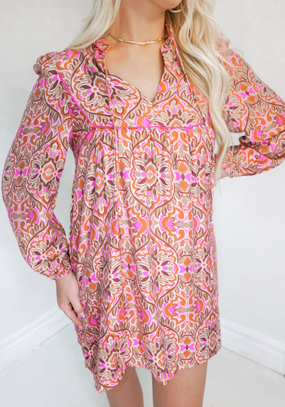 Chic Abstract Fuchsia Loose Fit Dress