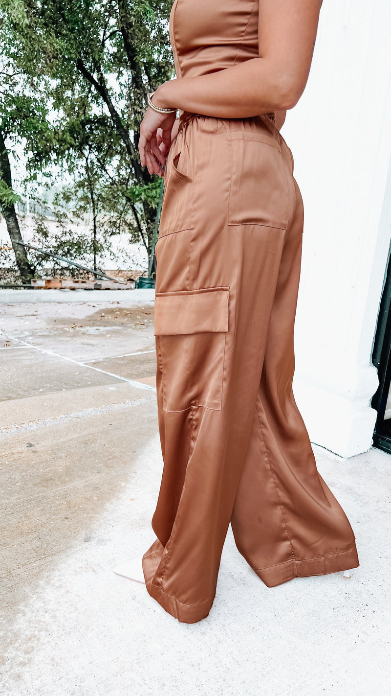 Silky And Sleek Brown Cargo Pants-Bottoms-KCoutureBoutique, women's boutique in Bossier City, Louisiana