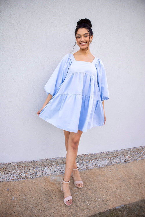 Sky Blue Puff Sleeve Babydoll Dress-Dress-KCoutureBoutique, women's boutique in Bossier City, Louisiana