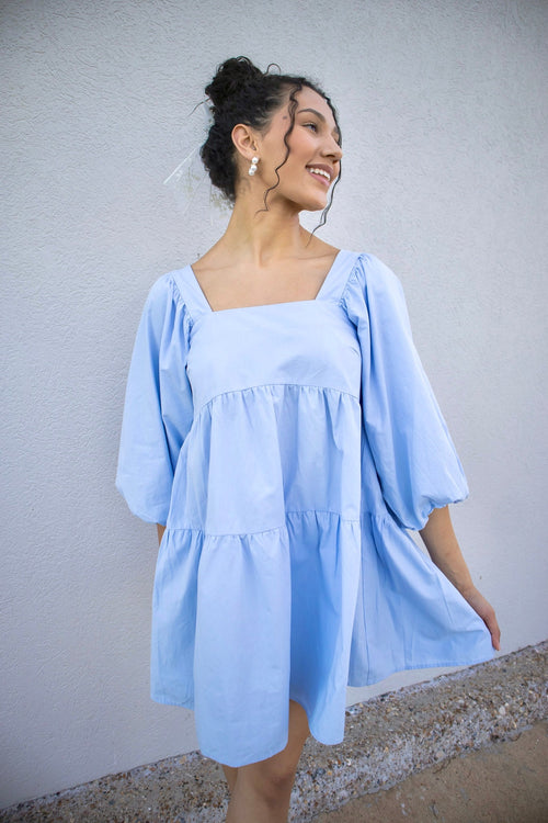 Sky Blue Puff Sleeve Babydoll Dress-Dress-KCoutureBoutique, women's boutique in Bossier City, Louisiana