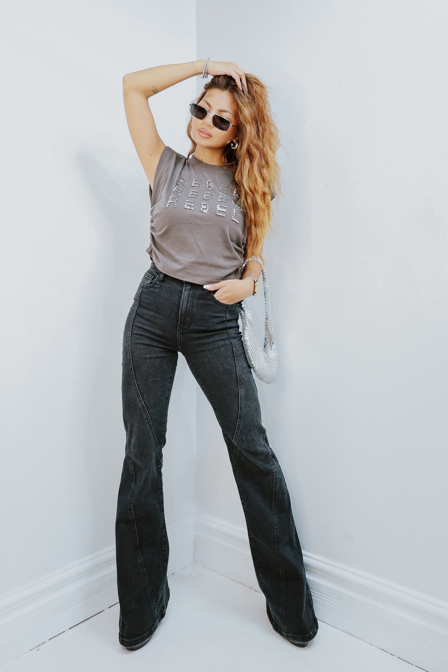 Hidden Charcoal Fashion Seamed Happi Flare Jeans